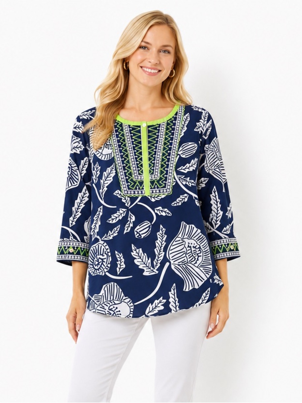 Gretchen Scott Dazed & Confused Embroidered Floral Tunic Top Navy Green M